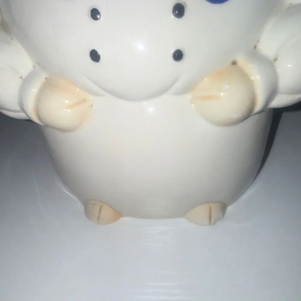 Vintage 1970 Ceramic Pig Chef Cookie Jar with Lid White Blue Pink 11 in